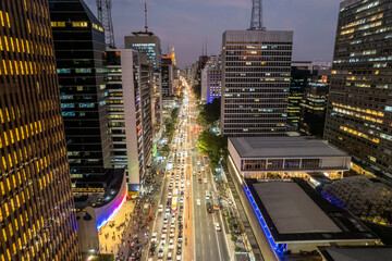 Fototapeta na wymiar Aerial view of Avenida Paulista (Paulista Avenue) and MASP in Sao Paulo city, Brazil.