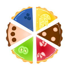 Set of pieces of pies with lemon, blueberry, kiwi, strawberry, chocolate, vanilla
