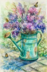 Lavender flowers in watering can. Watercolor flowers .