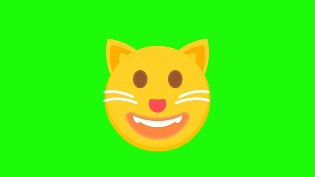 Grinning Cat animation on a green background. Animated cat emoji icons. Cat emoji animation with alpha channel. Key color, chroma-key, alpha channel. 4K video