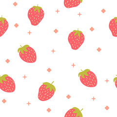 Simple strawberries seamless pattern vector background. Childish decorative design for backdrops, wrapping paper, fabric textile prints. Pink and white colors