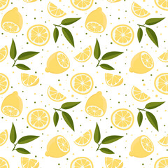 Vector seamless pattern with lemons and leaves. On a white background