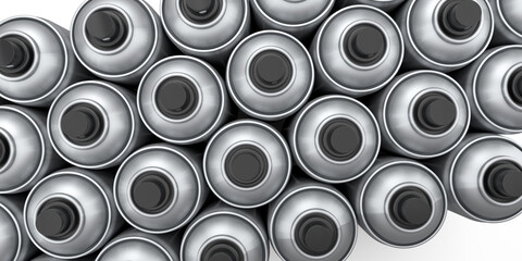 Set of spray paint cans in row on white background. Spray bottle and dispenser