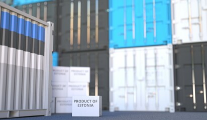 Box with PRODUCT OF ESTONIA text and cargo containers. 3D rendering
