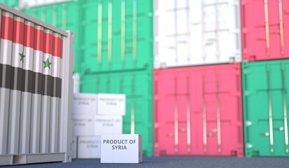 Carton with PRODUCT OF SYRIA text and many containers, 3D rendering