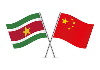 Suriname and China crossed flags. Surinamese and Chinese flags on white background. Vector icon set. Vector illustration.