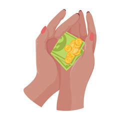 Hands with money Counting, giving, giving, receiving, squeezing and showing money. Payment for goods. Charity. Banking operations with cash. Vector illustration.