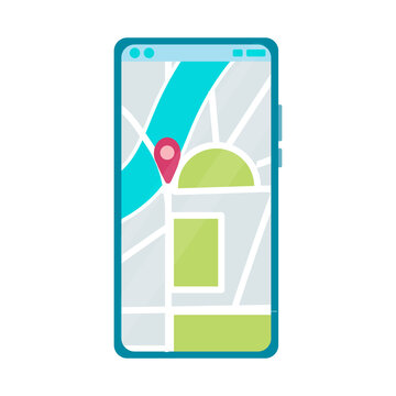 recommend clip art: phone or tablet. Phone with map and marker. Mobile gps navigation and path tracking concept. The woman is holding a phone in her hand. Vector illustration.