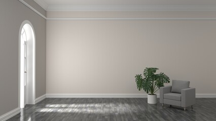 Armchair against a white wall. Room with a large window Parquet floor in the apartment. 3D visualization.