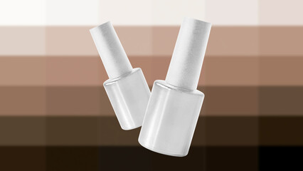 3D illustration. Nail polish bottles isolated on nude color background
