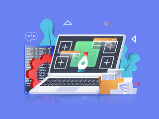 Web development concept 3D illustration. Icon composition with creation, development and optimization of website layout on screen and drawing of elements. Illustration for modern web design