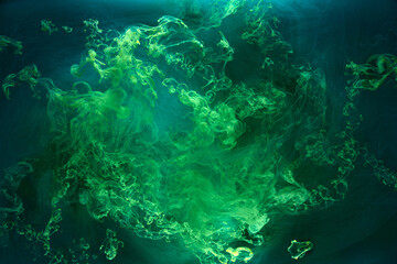 Fototapeta na wymiar Liquid fluid art abstract background. Blue green acrylic paint underwater, galactic smoke ocean