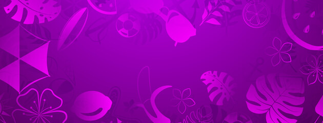 Background of various items related to summer holidays at sea, in purple colors