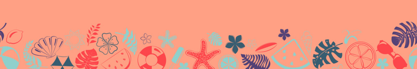 Banner of various items related to summer holidays at sea, multicolored on pink background, with seamless horizontal repetition