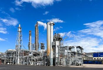 Large-capacity workshop for the production of ammonia from a petrochemical plant with copyspace....