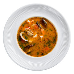 Marseille fish soup with seafood on white plate  isolated on white background top view