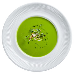 Cream of spinach soup with fried squid on a white plate top view isolated on white background