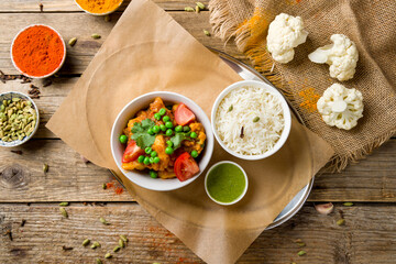 Alu Gobi with boiled rice and mint sauce, indian cuisine on wooden table top view