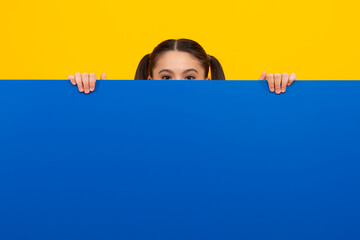 Teenage girl holds a blank for notification informing. Advertisement and sale. Markets and shops...