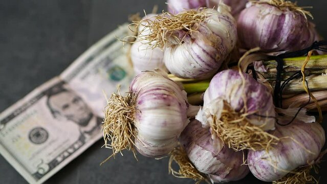 world garlic production, garlic cultivation, increase in garlic prices, $5 and a bunch of garlic standing side by side,