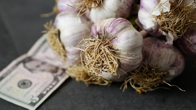 5 dollars and garlics on the floor, garlic production in the world, a bunch of garlic,