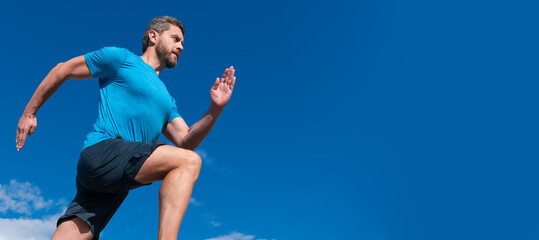 Man running and jumping, banner with copy space. sport athlete run fast to win. man workout...