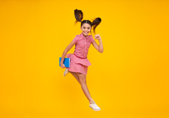 Teenager school girl with books isolated studio background. Happy teenager, positive and smiling emotions of teen girl.