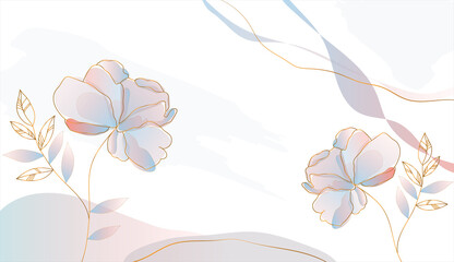 Spring floral in watercolor vector background. Luxury flower wallpaper design with pink flowers, line art, golden texture. Elegant gold botanical illustration suitable for fabric