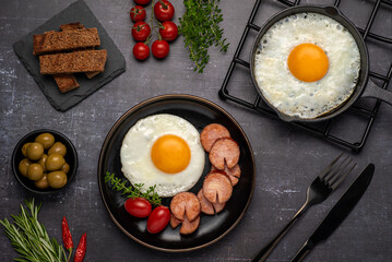 Food photography of breakfast, fried eggs, sausage, toast