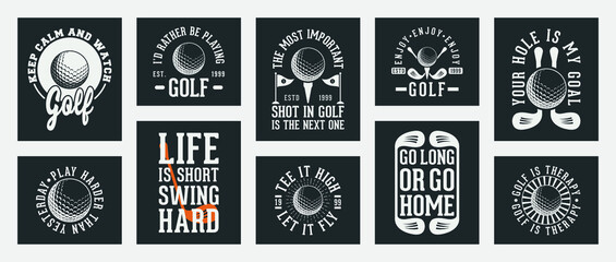collection of ten vector golf t-shirt design, golf t-shirt design set, vintage golf t-shirt design collection, typography golf t-shirt collection, golf retro style vector t-shirt collection for print