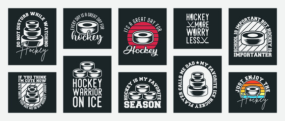 collection of ten vector hockey t-shirt designs, hockey t-shirt design set, vintage hockey t-shirt design collection, typography hockey t-shirt collection, retro style hockey vector t-shirt collection