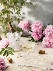 Fototapeta na wymiar Glass of champagne on concrete grey background with bucket of ice and a bottle of champagne and purple peonies.romantic card.