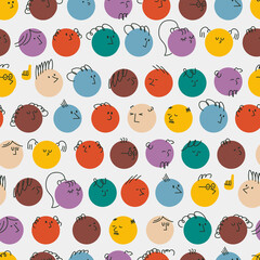 Vector seamless pattern with circles of people's faces. Unrealistic men and women in profile, looking in different directions. Abstract trendy characters.