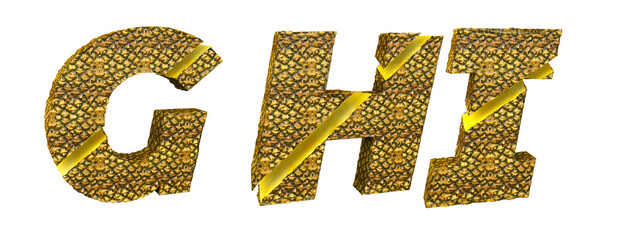 Sliced ​​pineapple alphabet. Letters G, H, I. Cut citrus fruit. Typo tropical 3D render. Save path.
