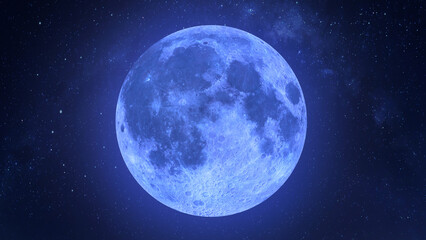 Blue Moon and stars. Blue Moon centered in frame. Realistic 3D render.