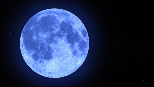 Blue Moon with title space on the right. Realistic 3D render.