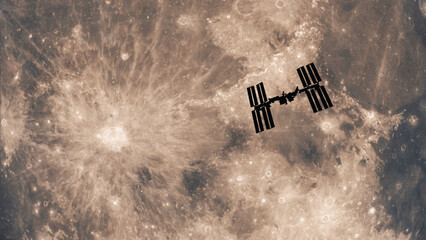 International Space Station passing in front of the moon. The ISS and the moon. Photo realistic 3D render.