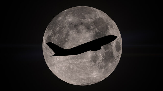 Airplane flying in front of fool moon. Plane passing over super moon. Photo realistic 3D render.
