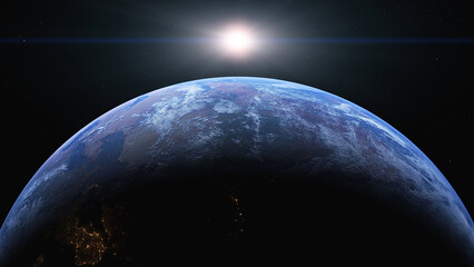 The planet earth while sun is rising. Ultra realistic 3D render.