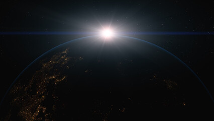 The planet earth while the sun is rising. Ultra realistic 3D render.