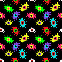 Seamless pattern of multicolored abstract eyes on a black background. Vector illustration 