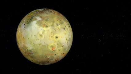 Jupiter's moon Io with text space on the right. Realistic 3D render of Io and stars. Io in space.
