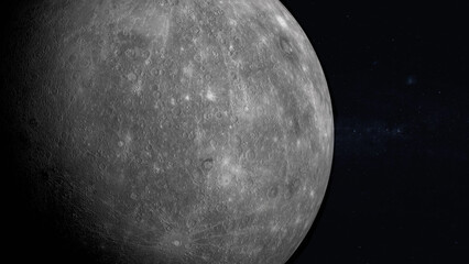 Planet Mercury in space Realistic 3D render of mercury and stars.