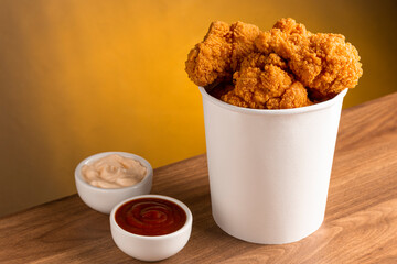 Crispy fried chicken in the bucket. Chicken bucket.