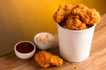 Crispy fried chicken in the bucket. Chicken bucket.