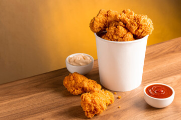 Crispy fried chicken in the bucket. Chicken bucket.