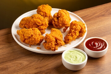 Crispy fried chicken with sauces.