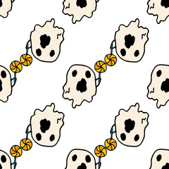 a pattern of a ghost with a lollipop in cartoon. seamless ghost pattern hand-drawn in doodle style with striped candy on a stick randomly placed on white, for Halloween pattern