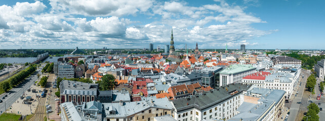 Fototapeta premium Aerial view of the Riga center in Latvia. Beautiful historical buildings, old town and streets of Riga