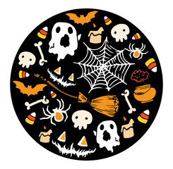 round pattern for Halloween in cartoon style. round bright doodle template with ghosts, skulls, cobwebs and bats, pumpkins and brooms in a flat style of orange and white on black